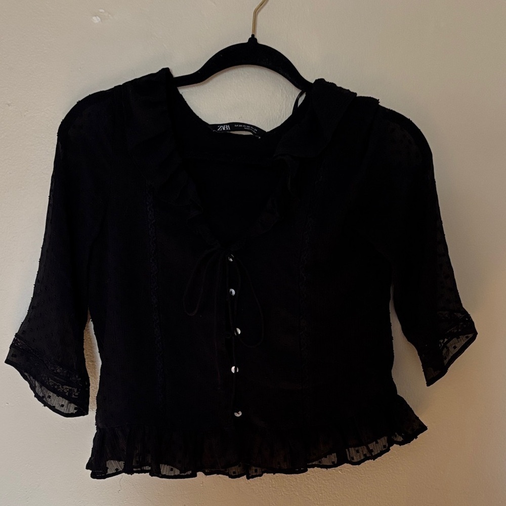 Zara Black Ruffled Blouse with Button Detail